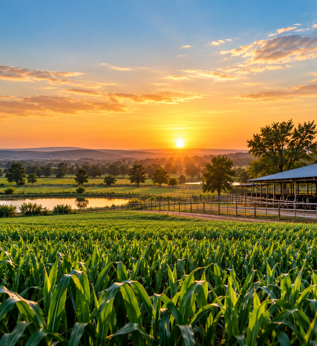 Green crop fields at sunrise on a farm