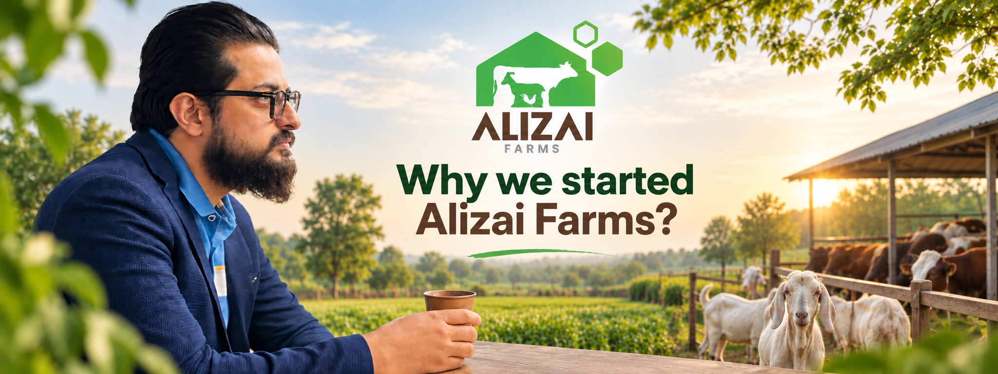 Our Story hero image with farm landscape and livestock.